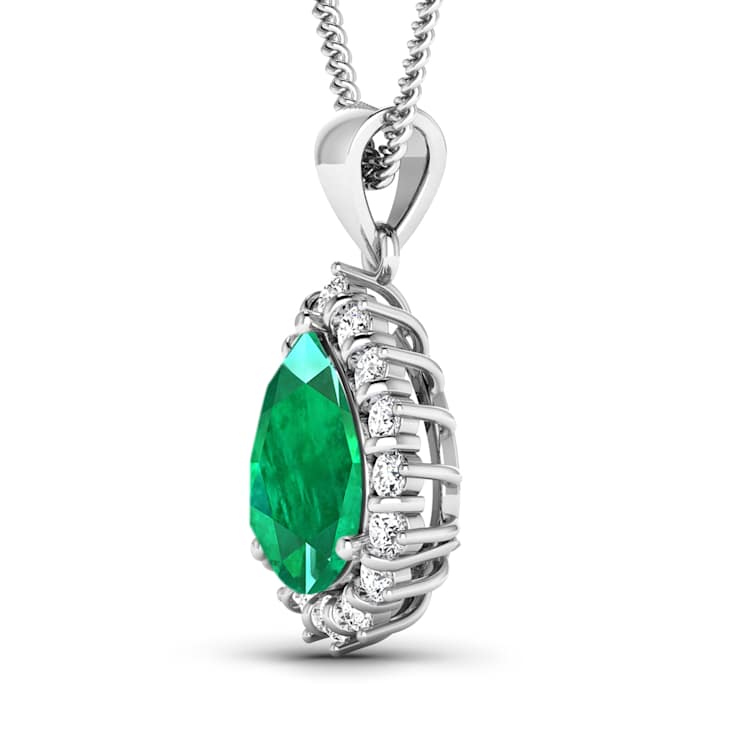 Green Zambian Emerald andWhite Diamond 14K White Gold Pendant with 18
inch Cable Chain 2.85ctw