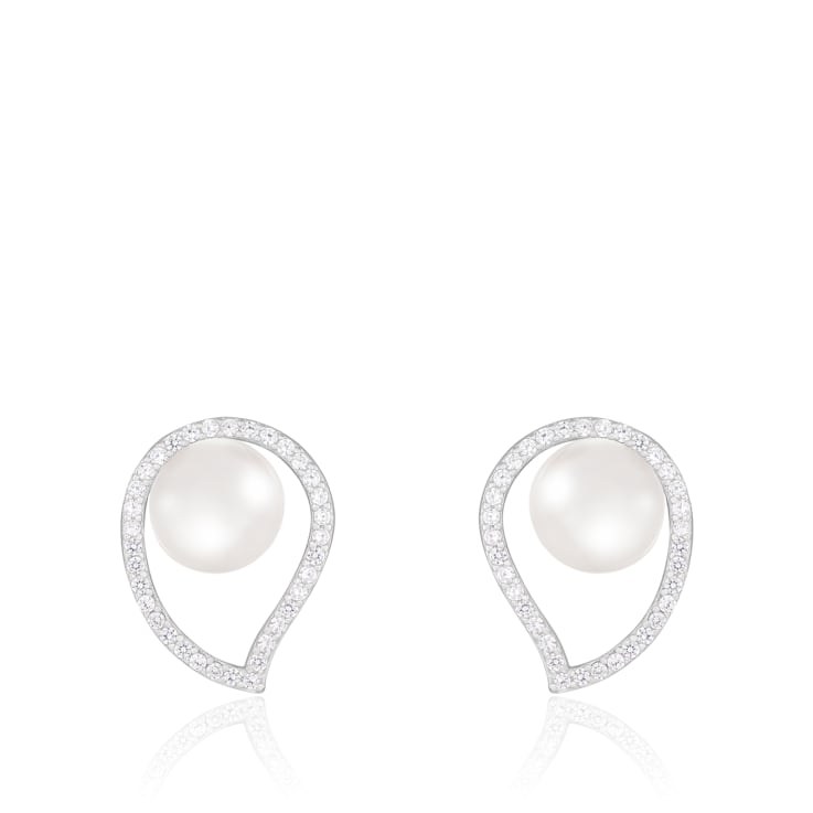 8-8½mm White Cultured Freshwater Pearl and Cubic Zirconia Rhodium Over
Sterling Silver Earrings