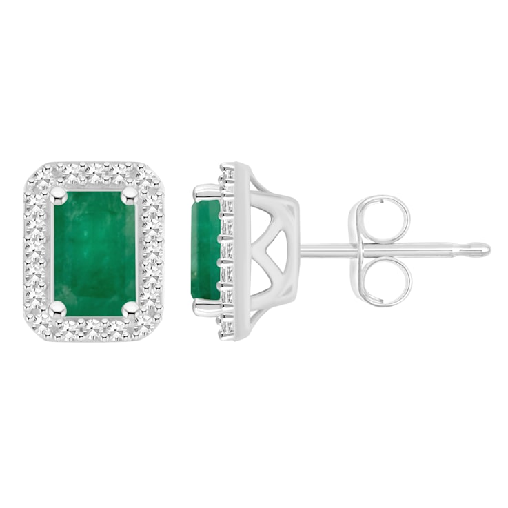 6x4mm Emerald Cut Emerald 1/5 ctw Diamond Rhodium Over Sterling Silver
Halo Stud Earrings