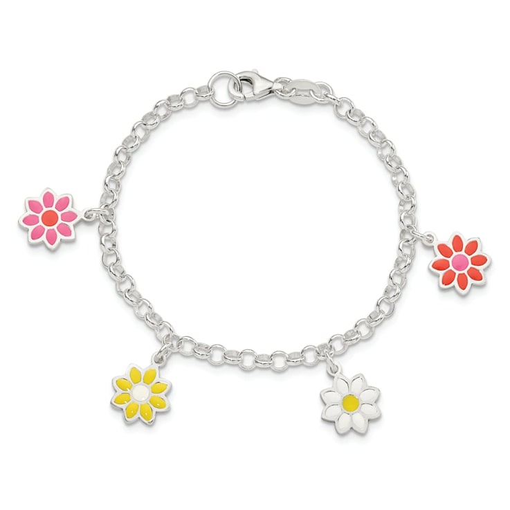 Sterling Silver Multi-color Enamel Flowers Children's Bracelet