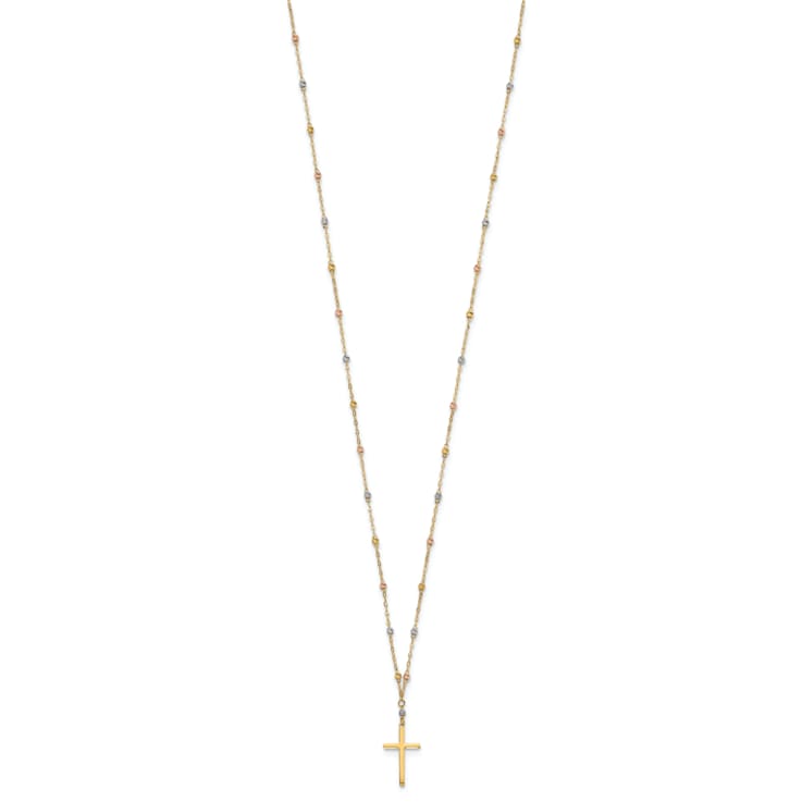 14K Yellow, White and Rose Gold Diamond-cut Beaded Polished Cross Necklace