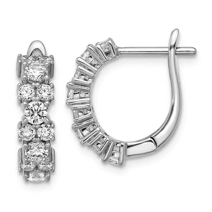 Rhodium Over Sterling Silver Polished Fancy Cubic Zirconia Hinged Hoop Earrings