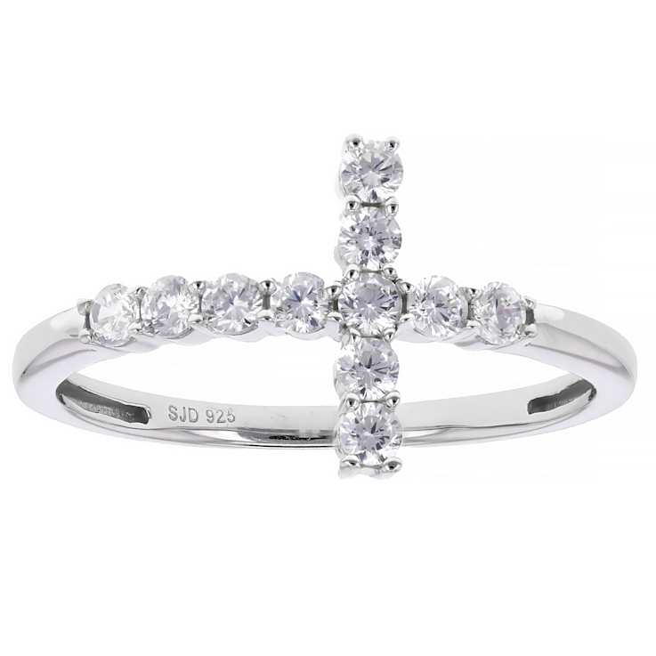 East-West CZ Cross Band Ring In Sterling Silver