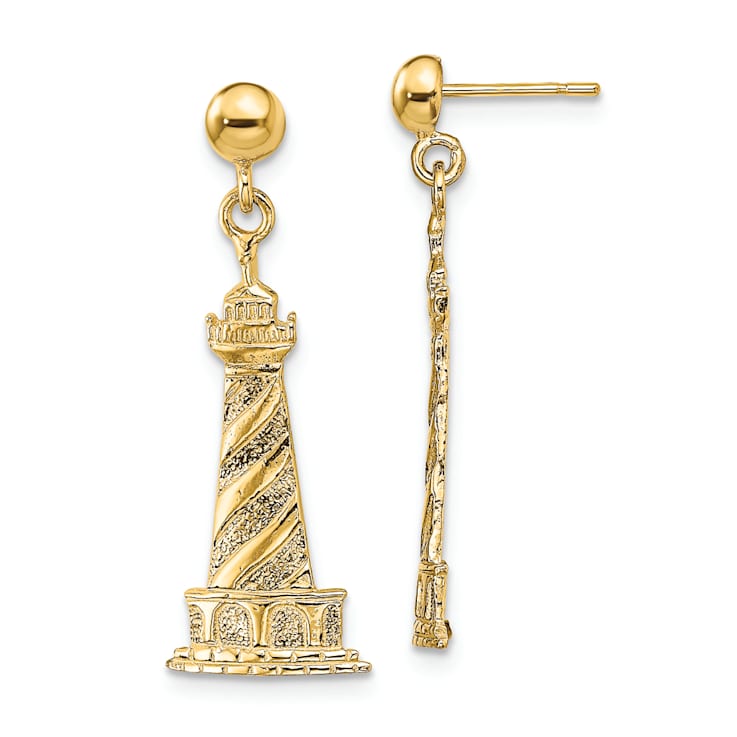 14K Yellow Gold Textured Cape Hatteras Lighthouse Dangle Earrings