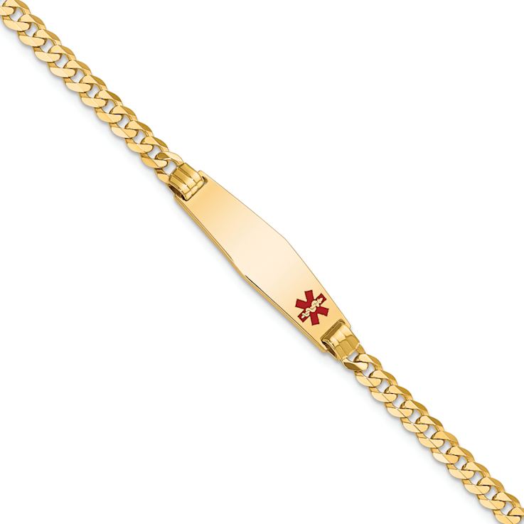10k Yellow Gold Medical Soft Diamond Shape Red Enamel Curb Link ID Bracelet