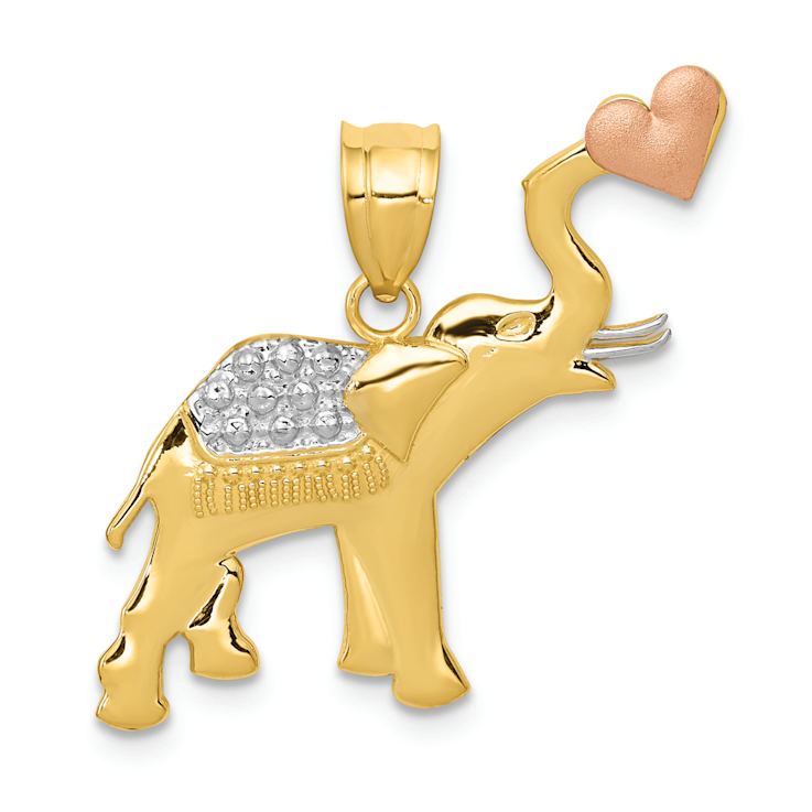 14K Tri-color Gold Diamond-Cut Elephant with Heart Pendant