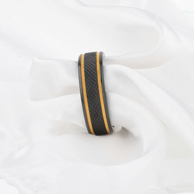 BAROQUE Black Titanium Diamond Pattern Brushed Finish Men’s Wedding Ring
with Milgrain Grooves 8mm