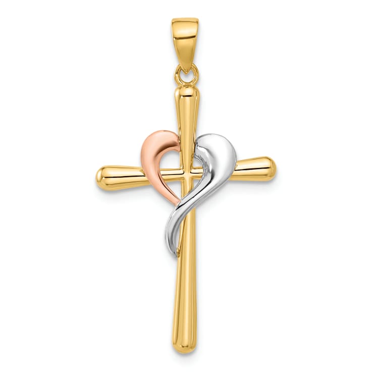 Rhodium Over 14K Tri-color Gold Polished Cross with Heart Pendant