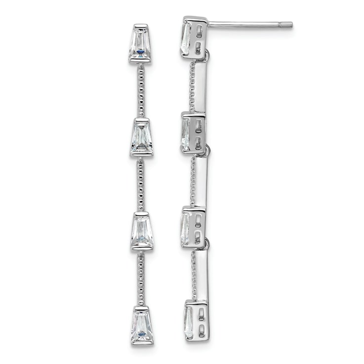 Rhodium Over Sterling Silver Polished Beaded Cubic Zirconia Post Dangle Earrings
