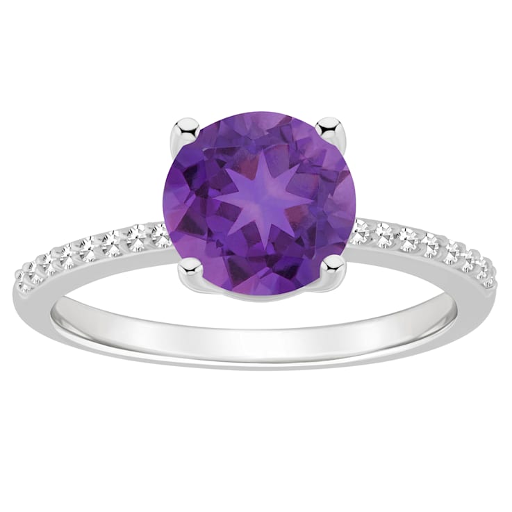 8mm Round Amethyst and 1/10 ctw Diamond Rhodium Over Sterling Silver Ring