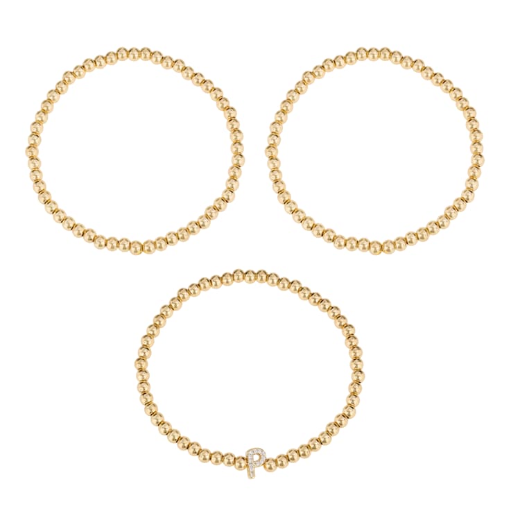Initial P CZ Beaded Bracelet Set In 14K Gold Over Brass 0.12ctw