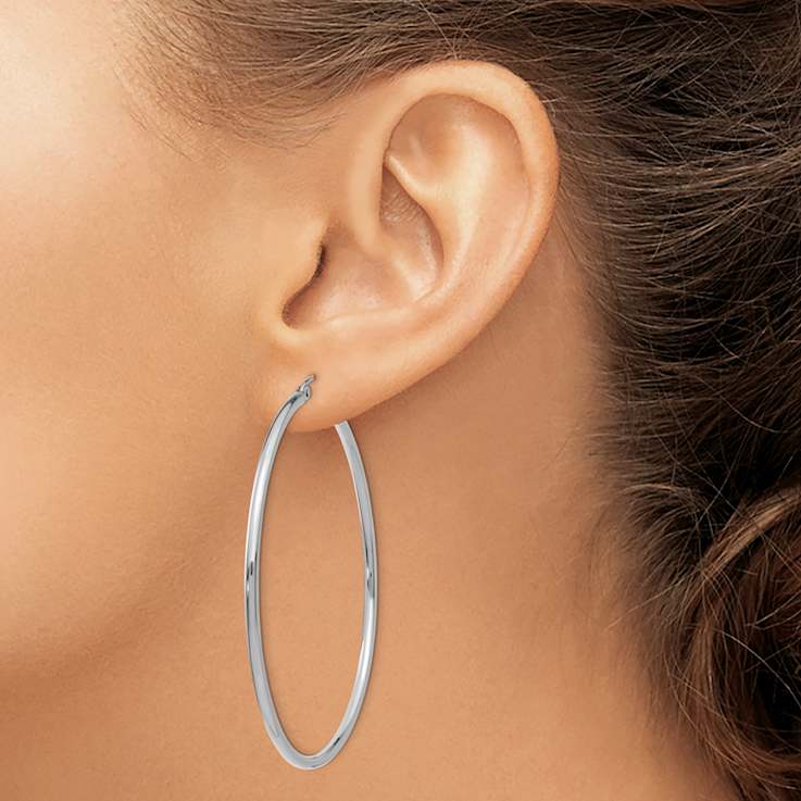 Rhodium Over 14k White Gold 2 3/16" Polished Tube Hoop Earrings