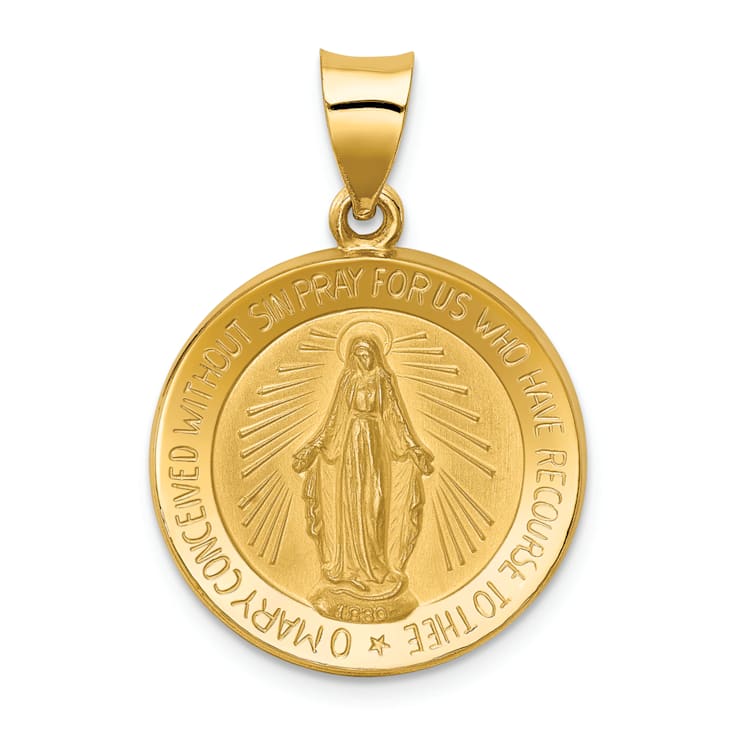 14K Yellow Gold Polished and Satin Miraculous Medal Hollow Pendant