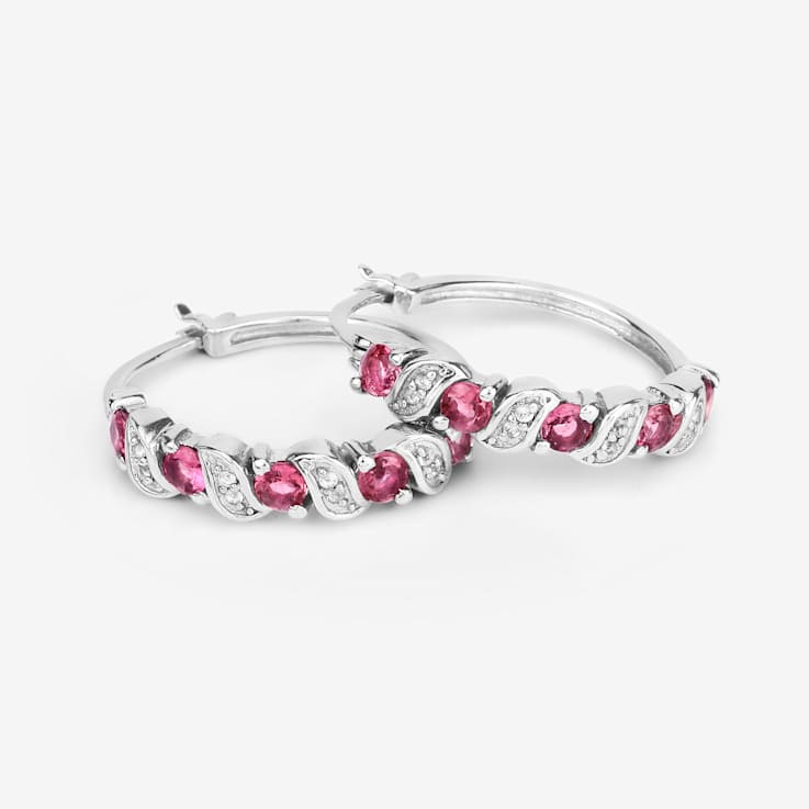 Pink Tourmaline and White Topaz Sterling Silver Hoop Earrings