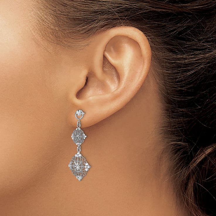 Rhodium Over 14k White Gold Diamond-Cut Filigree Medallion Dangle Earrings