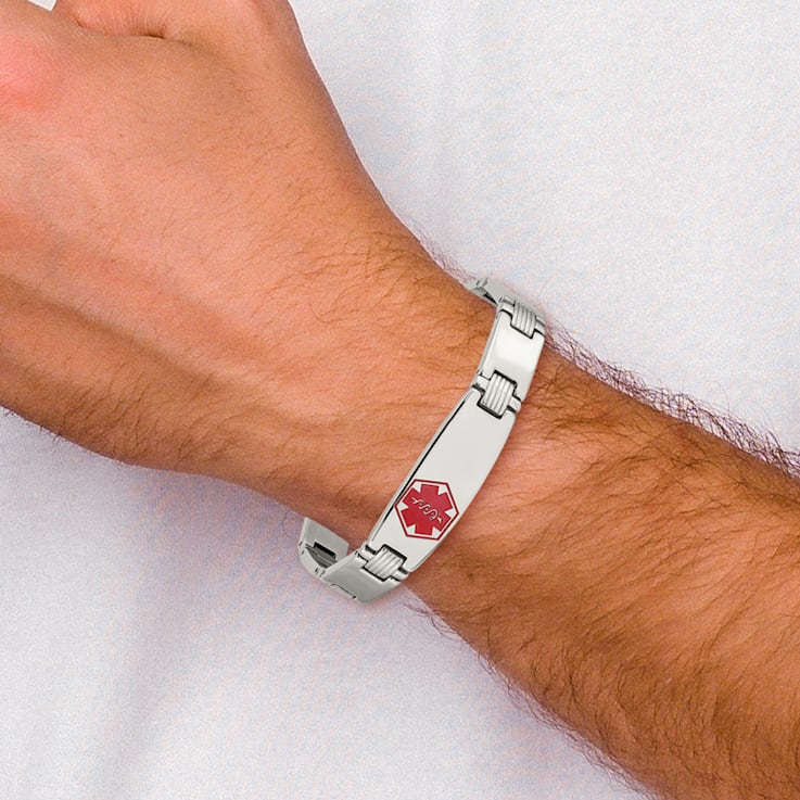Stainless Steel Polished and Brushed Red Enamel 8.25-inch Medical ID Bracelet