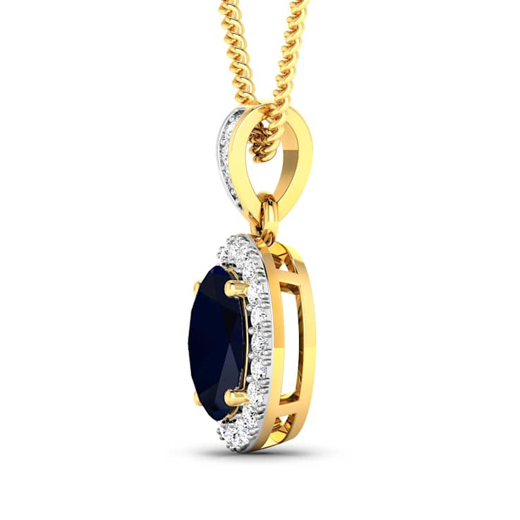1.30ctw 14K Yellow Gold Blue Sapphire and White Diamond Pendant with 18
inch Cable Chain