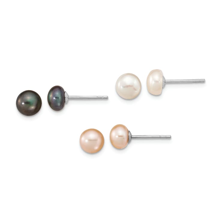 Rhodium Over Sterling Silver 6 7mm Set of 3 White BlacK Pink Button FWC Pearl Earrings