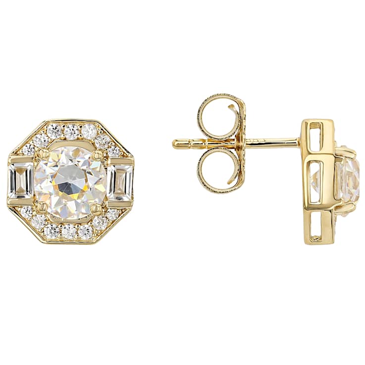 Diamond Simulant Old European Cut, Baguette And Round White Zircon
Earrings In 18K Gold Over Sterling Silver 2.95ctw