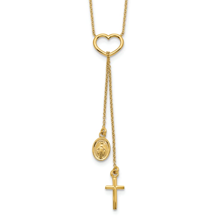 14K Yellow Gold Polished Heart with Dangle Cross and Religious Medal Necklace