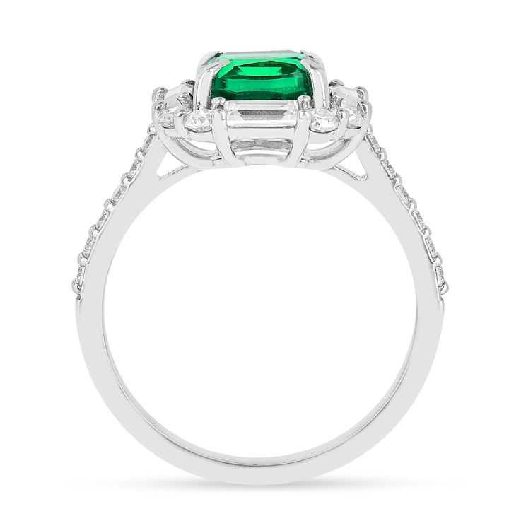 Green Lab Created Emerald and Moissanite Rhodium Over Sterling Silver
Halo Design Ring