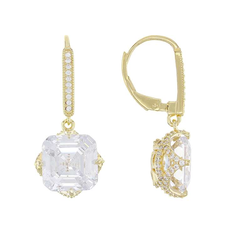 CZ Asscher Cut Dangle Earrings In 18K Gold Over Sterling Silver 17.42ctw