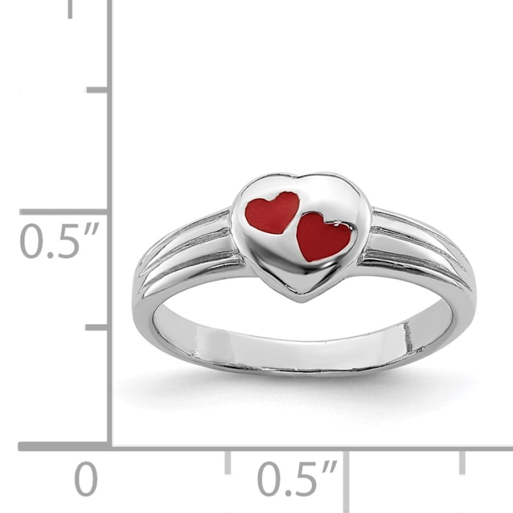 Rhodium Over Sterling Silver Polished and Red Enameled Heart Children's Ring
