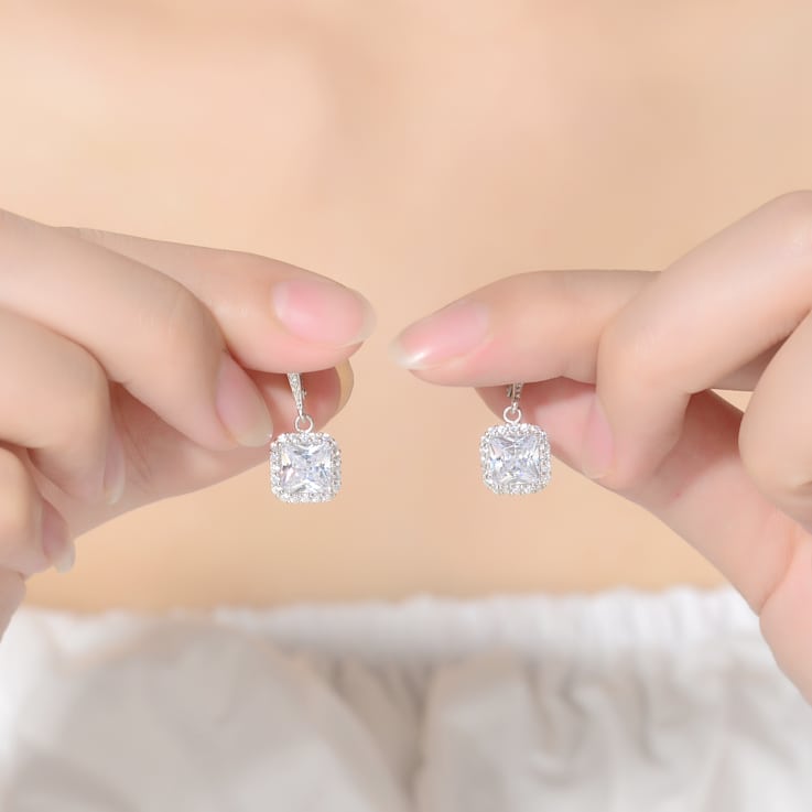 Square CZ Halo Drop Earrings In Sterling Silver