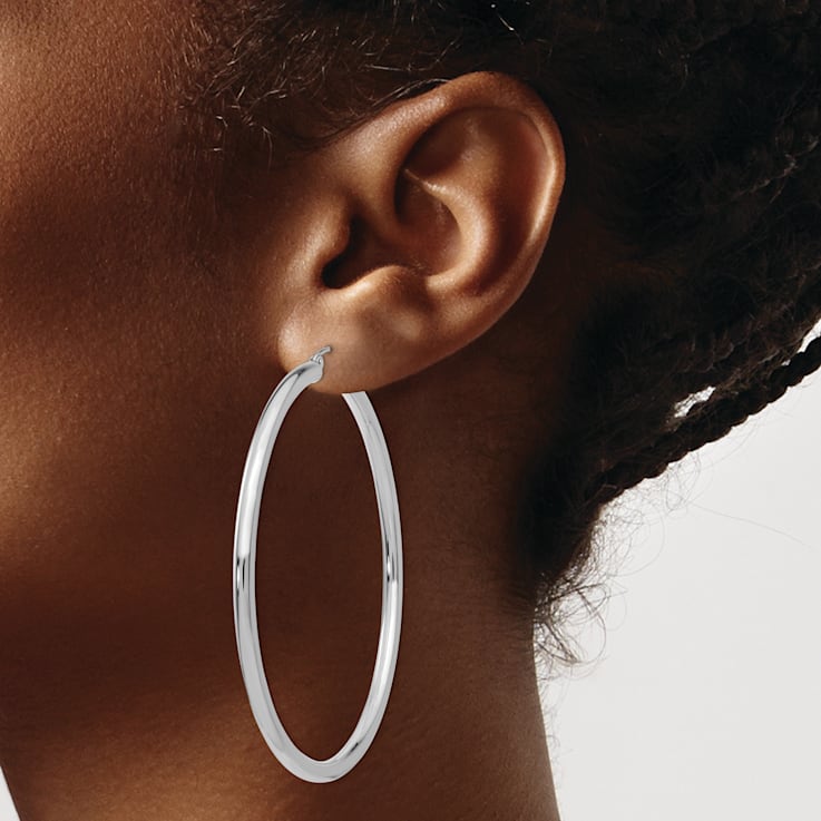 Rhodium Over 14k White Gold 2 3/8" Polished Tube Hoop Earrings