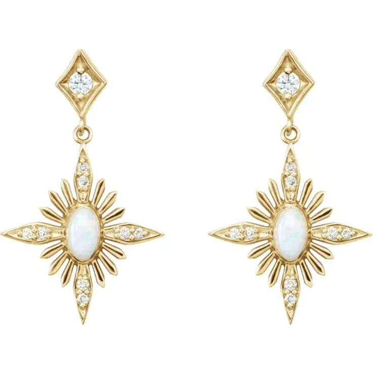 14K Yellow Gold Oval White Ethiopian Opal and Round Diamond Celestial
Dangle Earrings