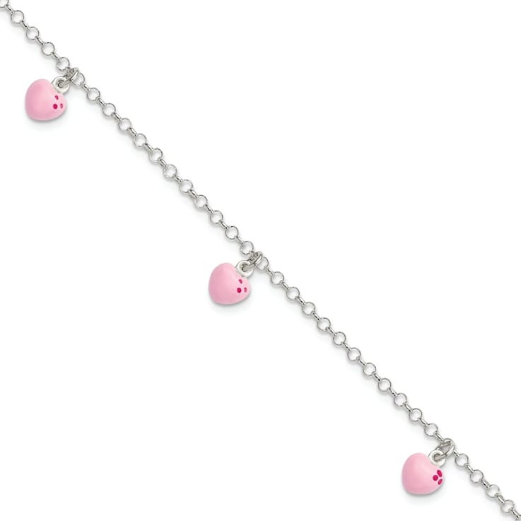 Sterling Silver Pink Enamel Hearts Children's Bracelet
