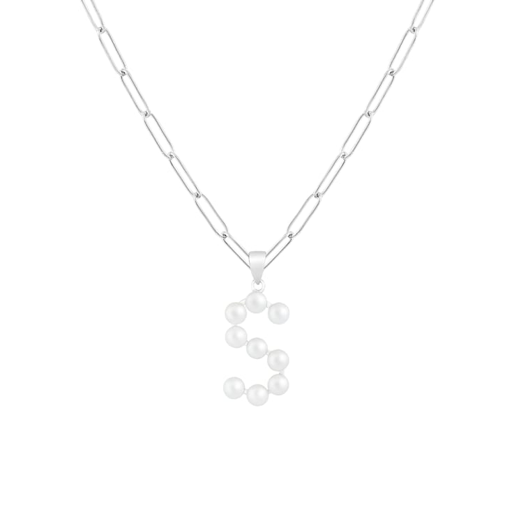 Letter S Initial Cultured Freshwater Pearl Rhodium Over Sterling Silver
Pendant With  18" Chain