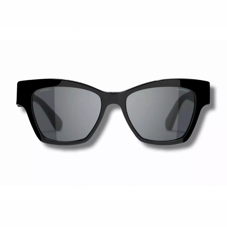 Chanel Black w Black Leather Arm Detail and CC Logo Frame Gray Lens Sunglasses 1B50JA
