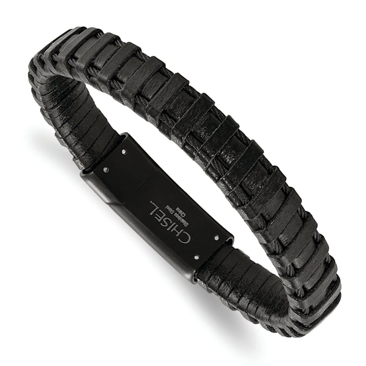 Black Leather and Stainless Steel Polished Black IP-plated Cable Bracelet