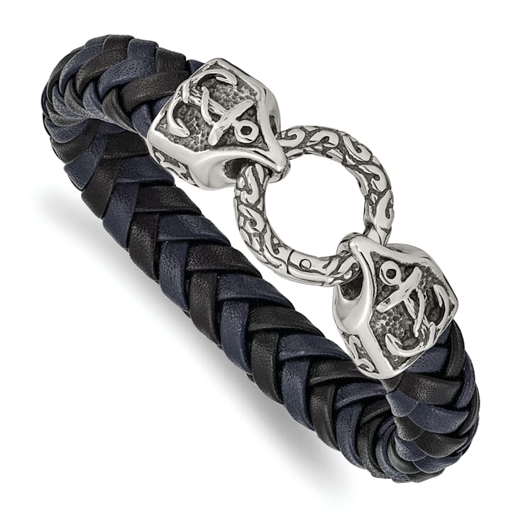 Black and Blue Leather and Stainless Steel Antiqued and Polished
8.25-inch Bracelet