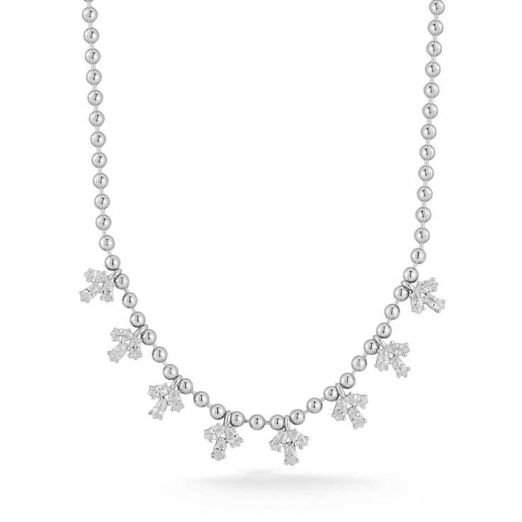Rachel Zoe CZ Cluster Charm Bead Chain Necklace in Rhodium Over Sterling Silver