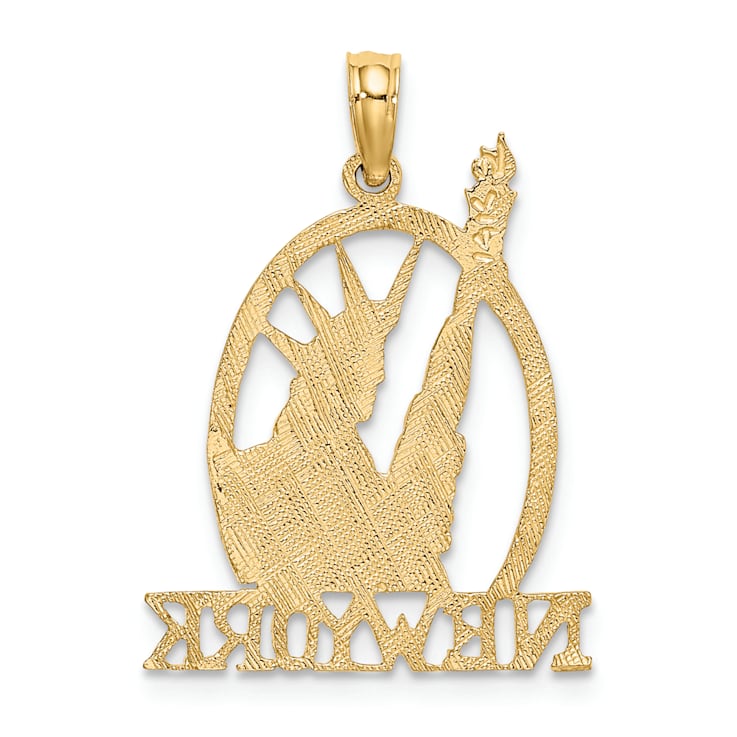 14k Yellow Gold Textured Cut-out New York with Statue of Liberty pendant