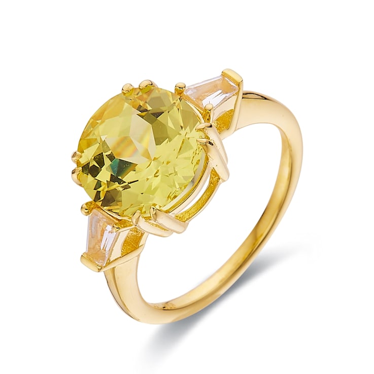Round Lab Created Yellow Sapphire, Baguette White Topaz 18K Yellow Gold
Over Sterling Silver Ring