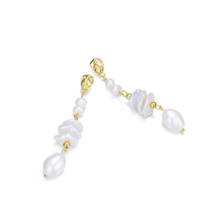 14K Yellow Gold Plating over Sterling Silver and Genuine Freshwater
Pearl Dangling and Drop Earrings