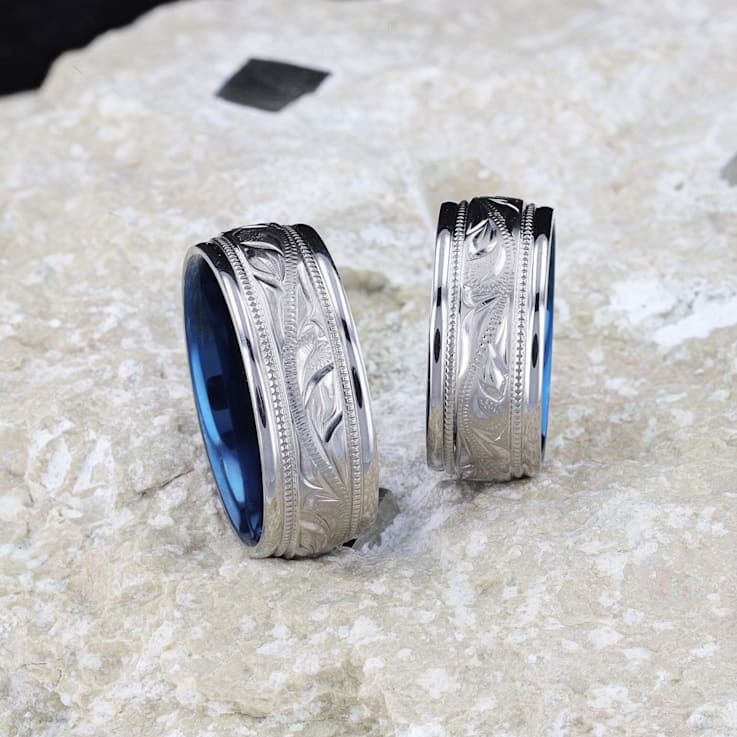MARINER Titanium Milgrain Engraved Finish Men 's Wedding Ring with Blue
Plating Inside 8mm