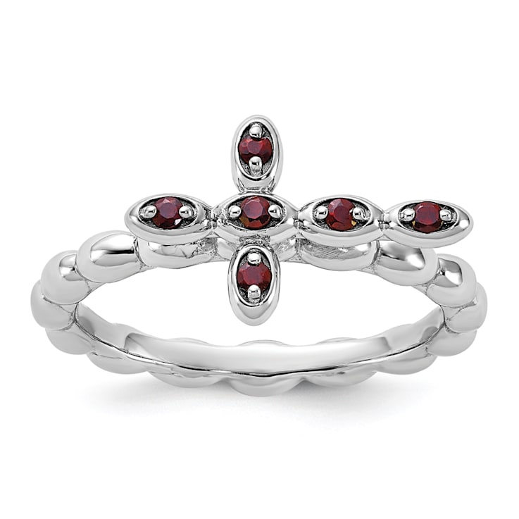 Rhodium Over Sterling Silver Stackable Expressions Cross Garnet Ring 0.14ctw