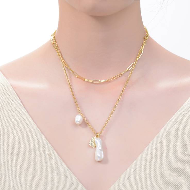 Pear Shape Freshwater Pearl Layered Necklace In 14K Gold Over Sterling Silver