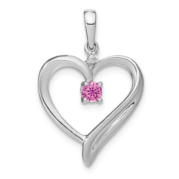 Rhodium Over 14k White Gold Lab Created Pink Sapphire and Diamond Heart Pendant
