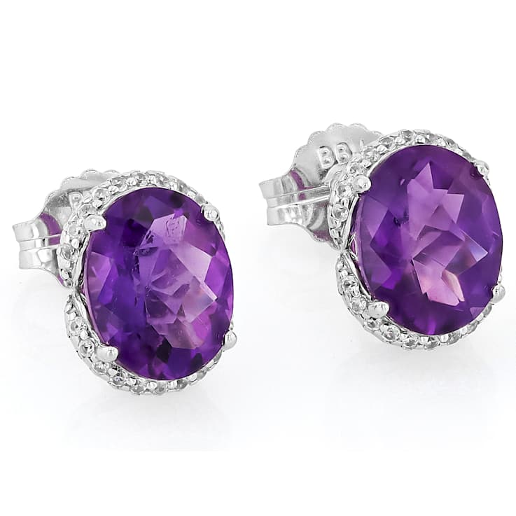 African Amethyst And Zircon Stud Earrings In Sterling Silver