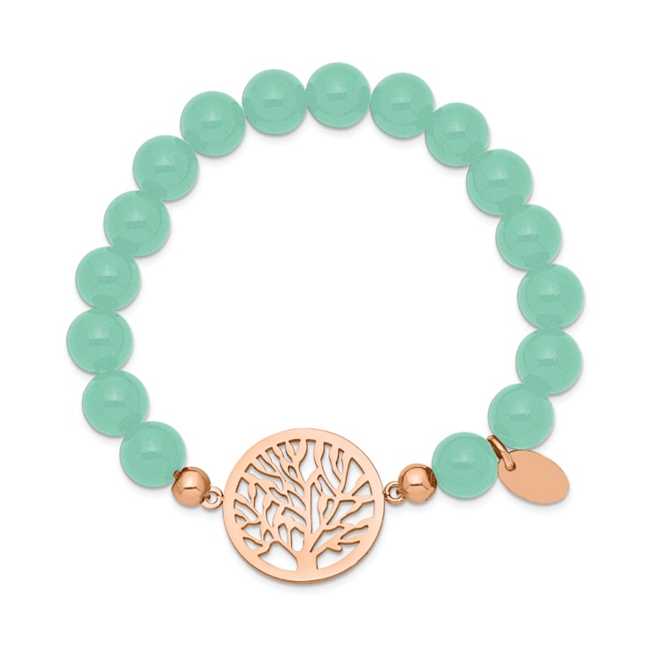 Rose Stainless Steel Polished Tree Green Dyed Jade Stretch Bracelet