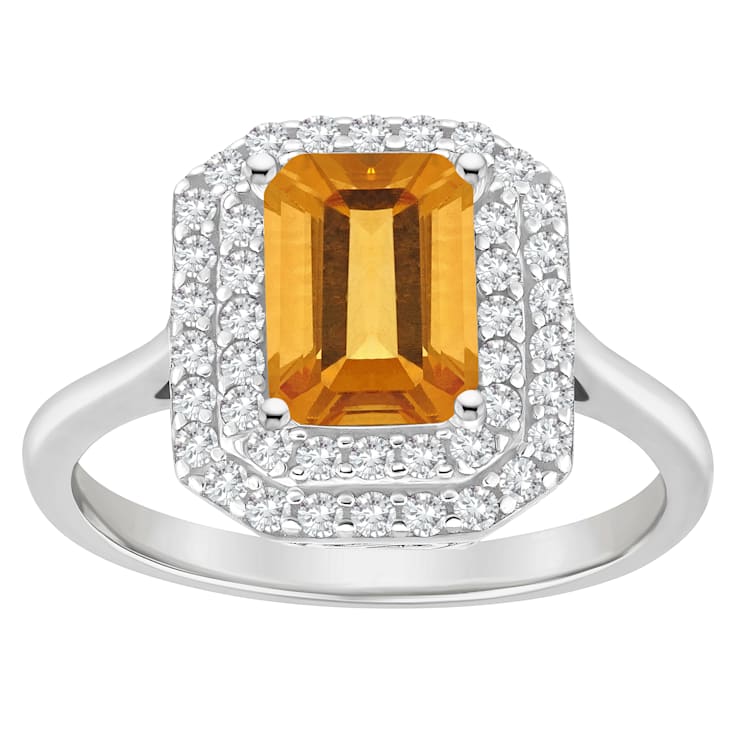 8x6mm Emerald Cut Citrine And White Topaz Accents Rhodium Over Sterling
Silver Double Halo Ring