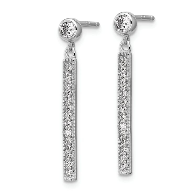 Rhodium Over Sterling Silver Polished Cubic Zirconia Bar Post Dangle Earrings