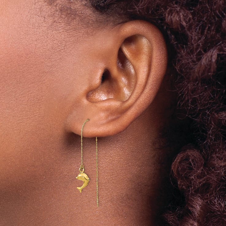 14k Yellow Gold Polished Dolphins Dangle Earrings