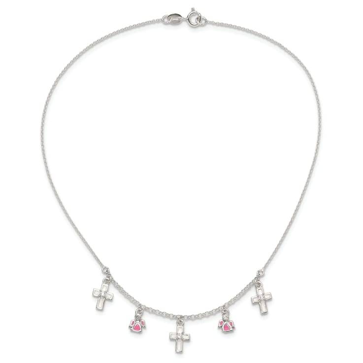Sterling Silver Polished Enamel Cubic Zirconia Cross and Angels
Children's Necklace