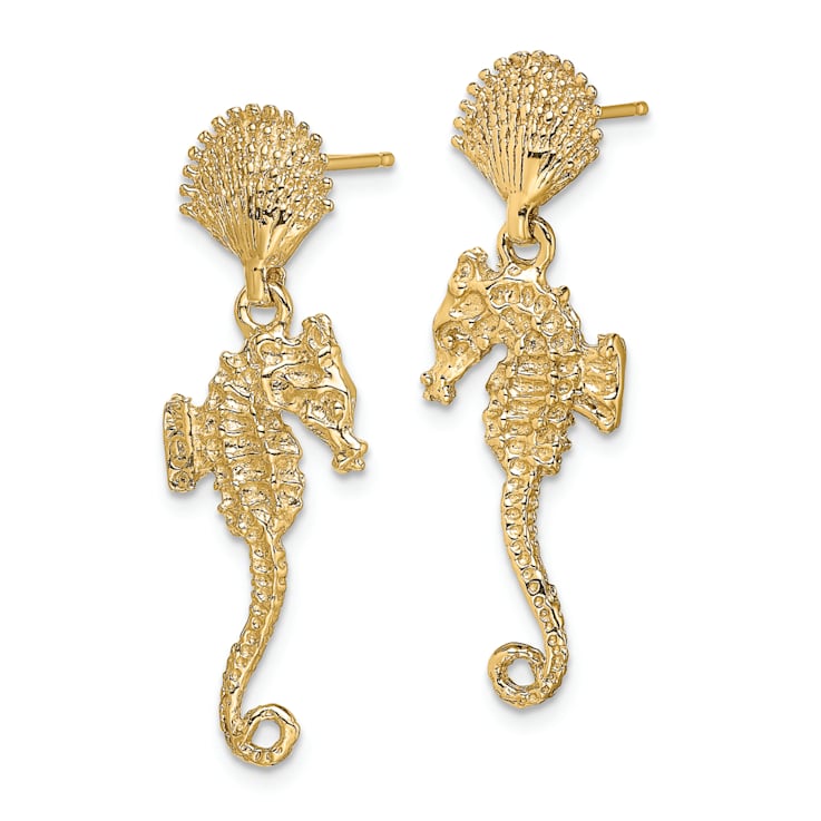 14k Yellow Gold Textured Shell and Seahorse Dangle Earrings